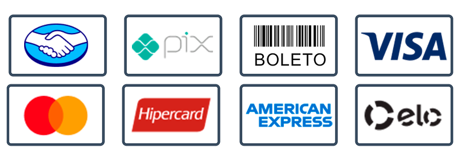 Pix, boleto, Visa, Mastercard, Hipercard, American Express, Elo e transferência bancária